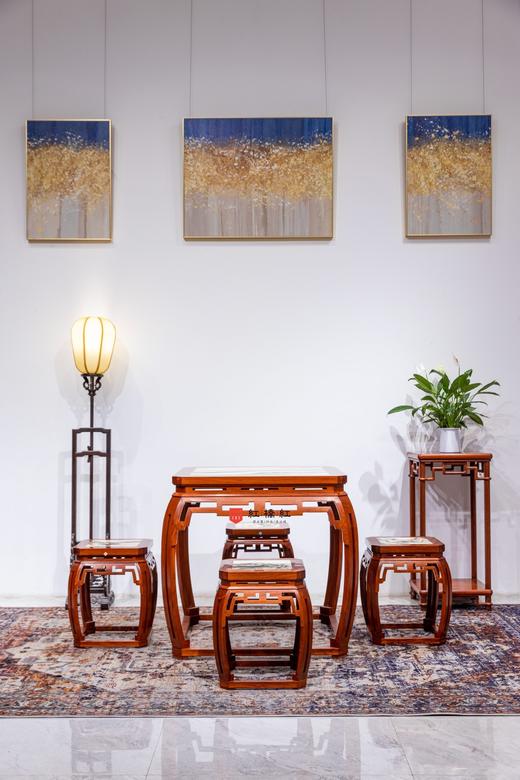 红桥红  家具严选  缅甸花梨（大果紫檀）【石面 78 仿故宫文竹 方桌五件套】 商品图0