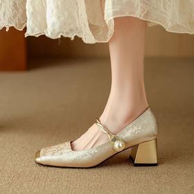 TZF-中式复古玛丽珍鞋女夏新款粗跟浅口高跟鞋一字带编织气质温柔单鞋