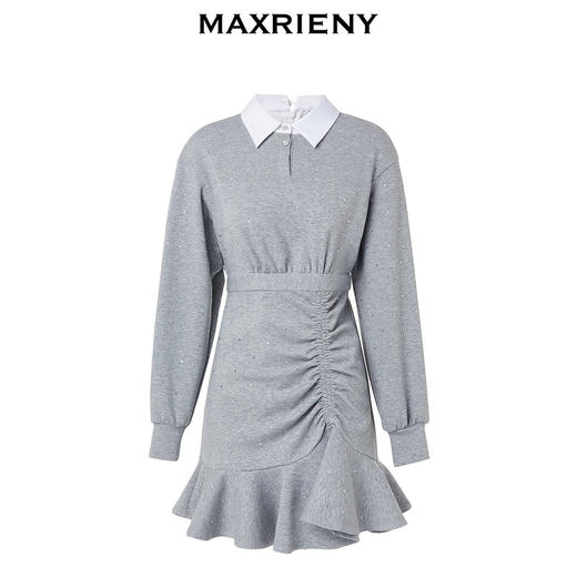MAXRIENY轻奢小香风抽褶鱼尾连衣裙早秋穿搭针织卫衣裙格雷系穿搭(货号:MS88DR552) 商品图4