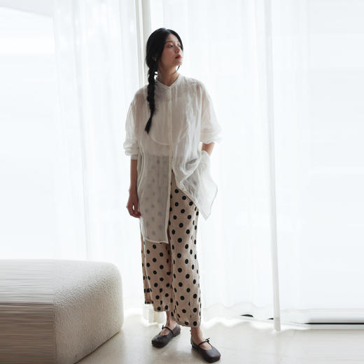 * 绽放283朵/亚麻卡其黑波点休闲宽松直筒设计感全腰松紧压褶九分裤 商品图3