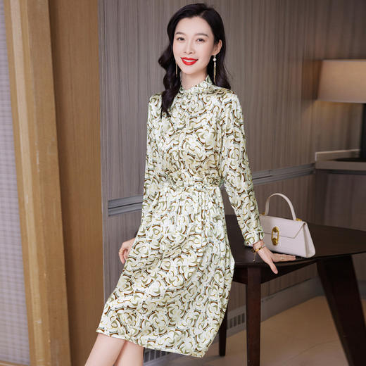 真丝碎花连衣裙，水墨画印花长袖裙ASE-9510 商品图0