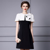ZL-23053优雅气质披肩式连衣裙夏季黑白撞色拼接立体折花裙子 商品缩略图0