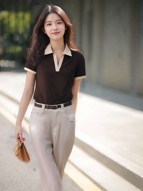 轻松且时髦！美式复古撞色Polo领T恤