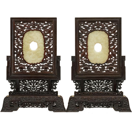 清 红木透雕福云纹边座嵌玉雕螭龙纹插屏（一对） 商品图5