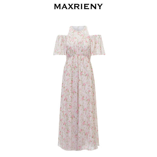 MAXRIENY浪漫度假连衣裙2024春季新款甜美长裙挂脖露肩荷叶袖裙子(货号:MS85DR071) 商品图4