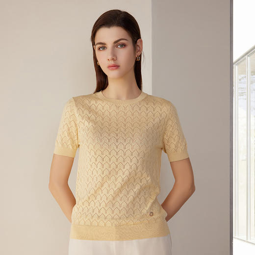 【棉桑蚕丝针织短袖套衫】24年夏季新款黄色时尚百搭针织上衣 商品图1