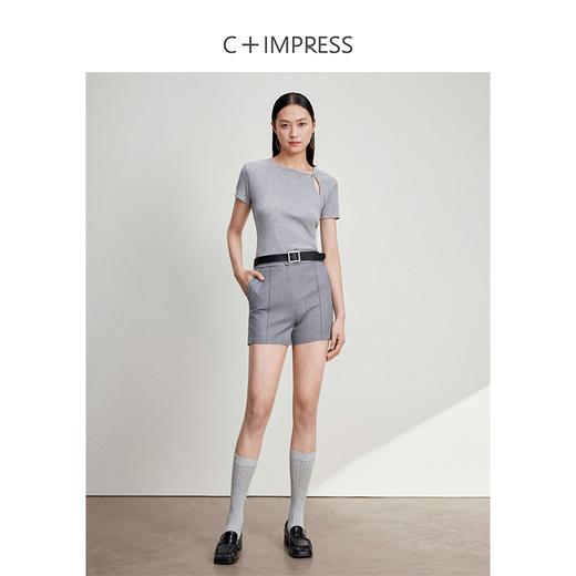 西嘉C+IMPRESS/西嘉新疆长绒棉t恤短袖真丝灵地思羊毛混纺罗纹纽结领T2401071 商品图2