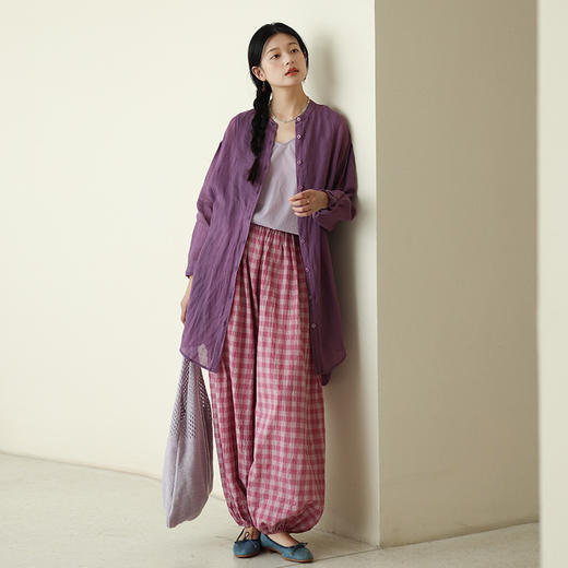 绽放286朵/氧气裤强捻微皱肌理感格子裤纯棉轻灯笼裤薄款休闲裙裤 商品图0