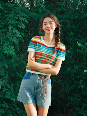 彩虹短袖针织衫