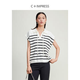 西嘉C+IMPRESS/西嘉百搭廓形polo领撞色条纹羊毛混纺飞飞袖女士针织衫MY2401107