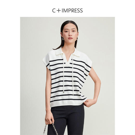 西嘉C+IMPRESS/西嘉百搭廓形polo领撞色条纹羊毛混纺飞飞袖女士针织衫MY2401107 商品图0