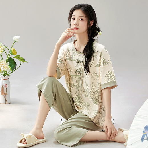 睡衣女夏季盘扣装饰短袖七分裤甜美薄款气质国风家居服新中式套装_ZSY 商品图0