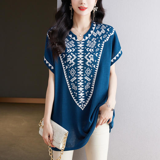 大码妈妈装短袖t恤中长款上衣，显瘦洋气冰丝针织衫CC-tbrk-6839 商品图2