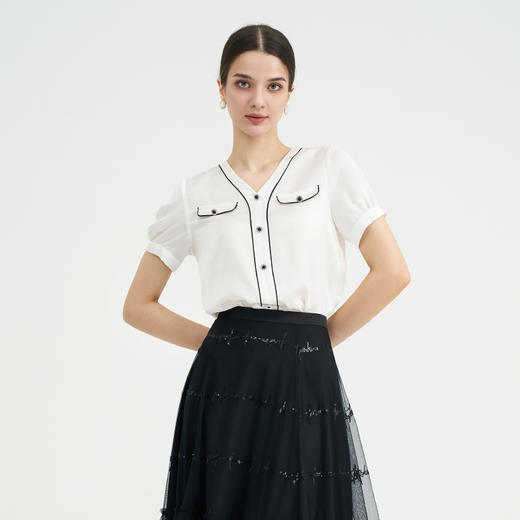 司歌雪纺上衣拼色v领休闲知性ET891330Y 商品图0