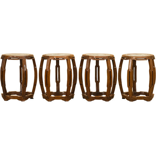 清 红木嵌粉彩博古花卉图瓷板鱼门洞鼓凳成堂（一套四只） 商品图5