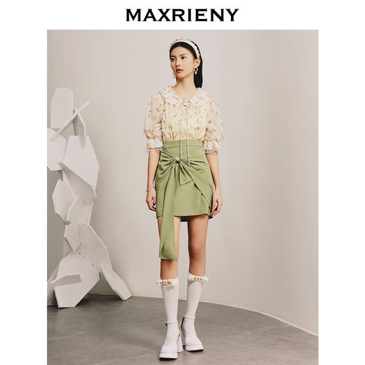 【商场同款】MAXRIENY精致复古感蝴蝶结短裙碧湖绿蝴蝶结飘带半裙(货号:MC88SK070) 商品图1