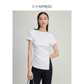 西嘉C+IMPRESS/西嘉时髦不对称侧开衩圆领短袖百搭显瘦高支醋酸棉T恤T2401086