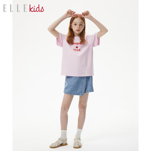 ELLEKIDS 童装  插肩袖印花爱心纽扣冰感棉短袖T恤 商品图2