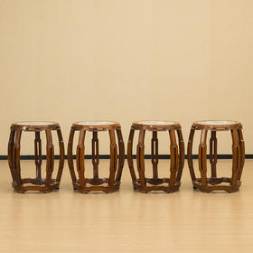 清 红木嵌粉彩博古花卉图瓷板鱼门洞鼓凳成堂（一套四只）