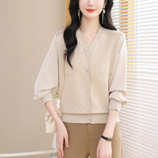 V领长袖针织衫拼接衬衫洋气别致钉珠小衫薄CC-28192 商品图1