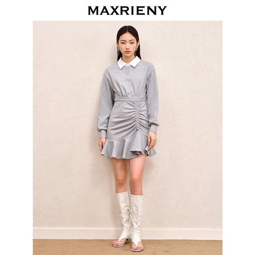 MAXRIENY轻奢小香风抽褶鱼尾连衣裙早秋穿搭针织卫衣裙格雷系穿搭(货号:MS88DR552) 商品图1