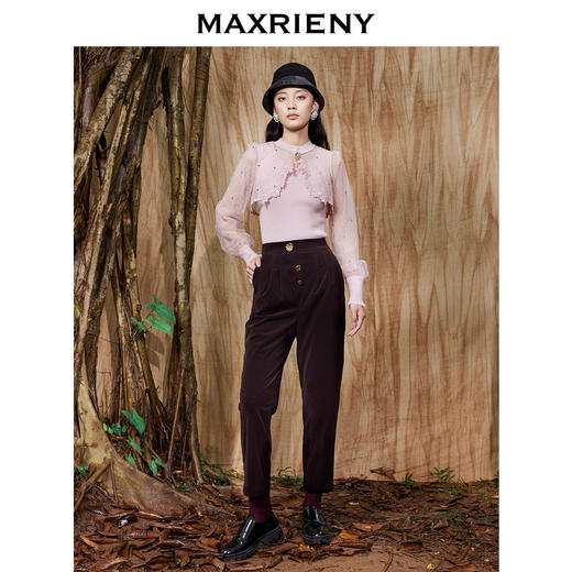 MAXRIENY咖色灯芯绒锥形裤高腰复古休闲裤通勤裤子女(货号:MC87PA783) 商品图1