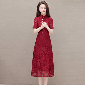 QYM-JDA428夏款长款国风优雅修身时尚蕾丝旗袍裙立领短袖显瘦复古连衣裙