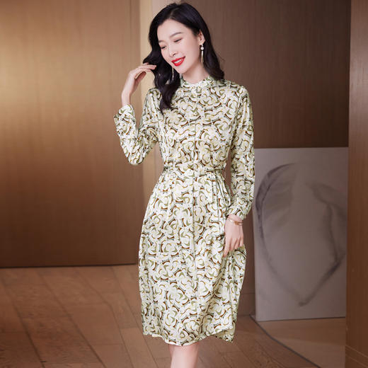 真丝碎花连衣裙，水墨画印花长袖裙ASE-9510 商品图4