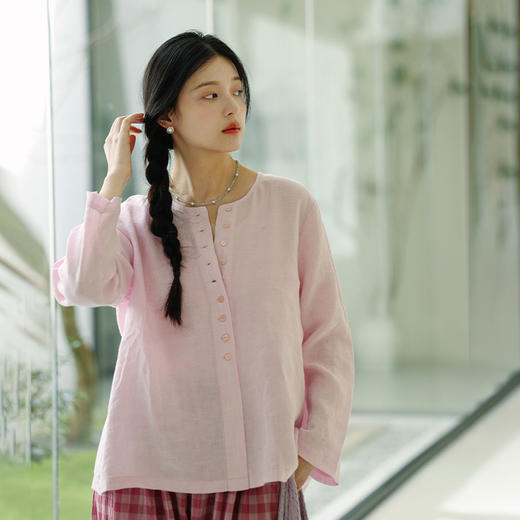 绽放294朵/宝蓝色织亚麻圆领半开襟宽松慵懒文艺长袖防晒休闲衬衫 商品图2