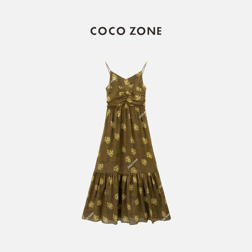 COCO ZONE"苏丽丝"夏季设计感印花吊带连衣裙气质无袖V领褶皱长裙CC1B0955 商品图6