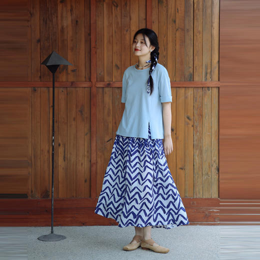 绽放227朵/蓝白折线手绘风格印花复古文艺宽松休闲裙子亚麻半身裙 商品图3