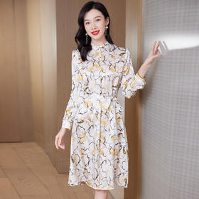 水墨花真丝连衣裙，长袖宽松大码裙ASE-9512