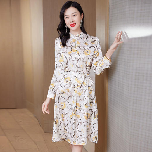 水墨花真丝连衣裙，长袖宽松大码裙ASE-9512 商品图0