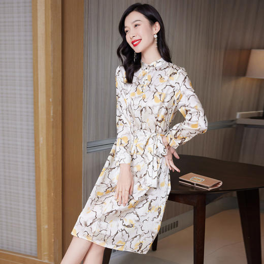 水墨花真丝连衣裙，长袖宽松大码裙ASE-9512 商品图3