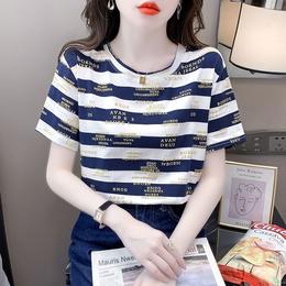 ALBB-夏季韩版新款半袖体恤女士装2024年条纹洋气短袖t恤衫宽松上衣服