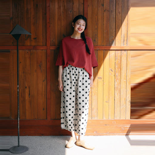 * 绽放283朵/亚麻卡其黑波点休闲宽松直筒设计感全腰松紧压褶九分裤 商品图2
