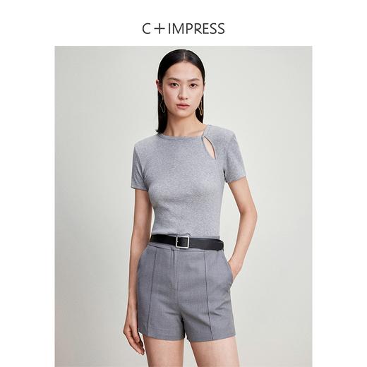 西嘉C+IMPRESS/西嘉新疆长绒棉t恤短袖真丝灵地思羊毛混纺罗纹纽结领T2401071 商品图0