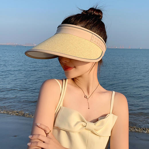 【满足你的户外需求，遮阳舒适，轻巧便捷！】韩版夏季帽子女 时尚字母纸草防晒遮阳帽 太阳大檐遮脸空顶帽！-QQ-ry 商品图2
