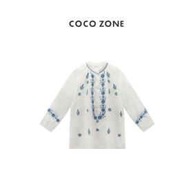 COCO ZONE"阿米蓝"复古时尚绣花立领套头衬衫设计感纽扣上衣CC1B0956