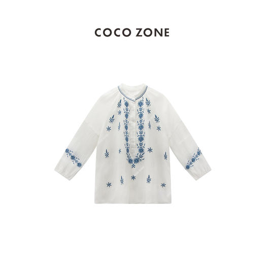 COCO ZONE"阿米蓝"复古时尚绣花立领套头衬衫设计感纽扣上衣CC1B0956 商品图0