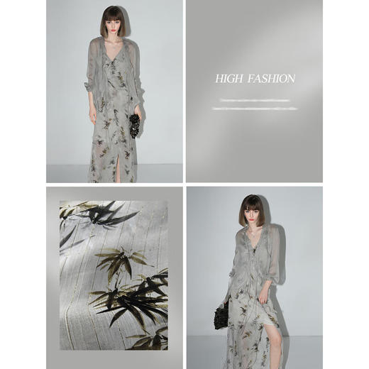 COCOBELLA新中式金葱雪纺竹子印花绑带连衣裙国风吊带裙FR7027 商品图4