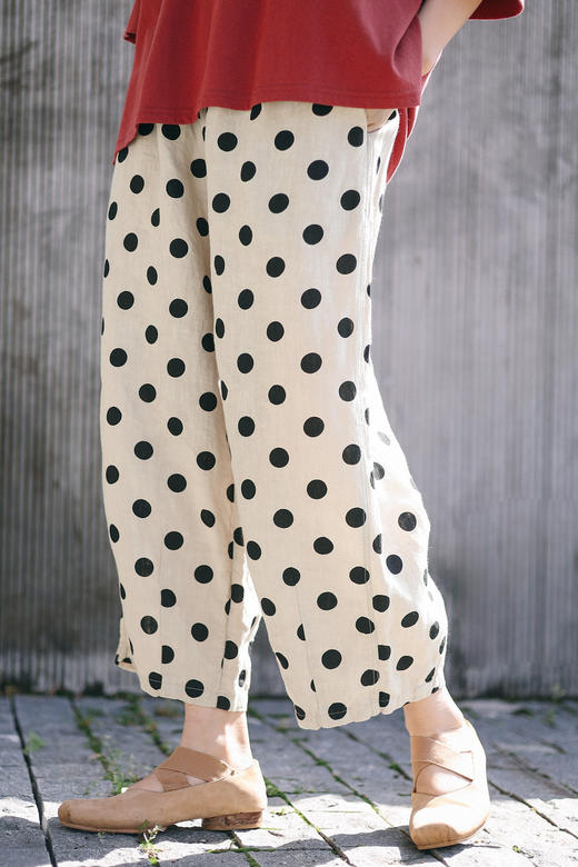 * 绽放283朵/亚麻卡其黑波点休闲宽松直筒设计感全腰松紧压褶九分裤 商品图5