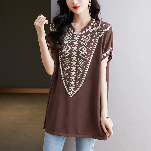 大码妈妈装短袖t恤中长款上衣，显瘦洋气冰丝针织衫CC-tbrk-6839 商品图1