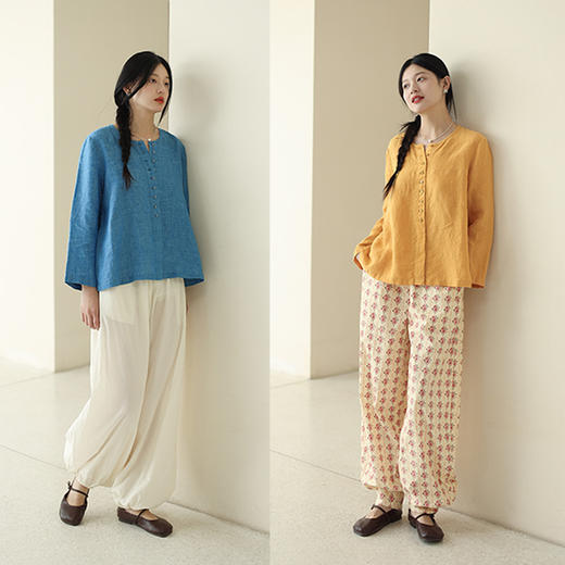 绽放294朵/宝蓝色织亚麻圆领半开襟宽松慵懒文艺长袖防晒休闲衬衫 商品图3