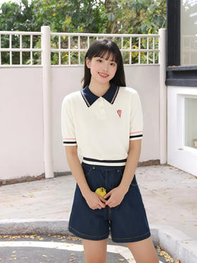 英伦风复古polo领撞色短袖针织衫