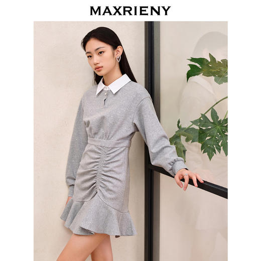 MAXRIENY轻奢小香风抽褶鱼尾连衣裙早秋穿搭针织卫衣裙格雷系穿搭(货号:MS88DR552) 商品图2