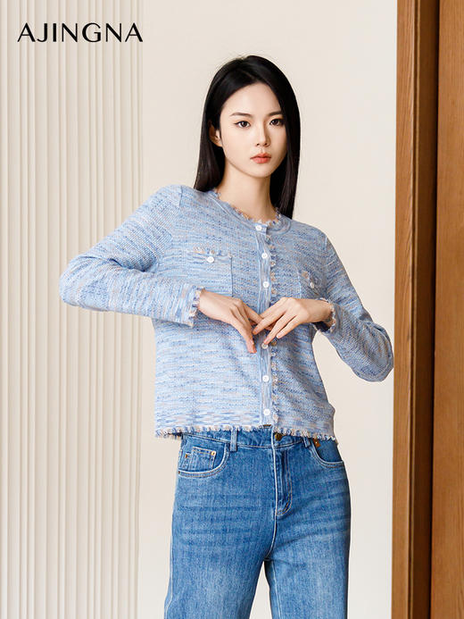 【商场同款】阿菁娜2024春季新款流苏圆领针织开衫A29C318010 商品图2