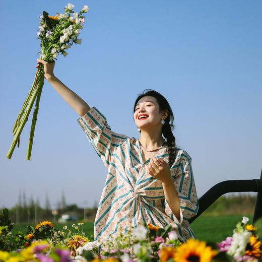 绽放293朵/复古花卉设计感扭结田园感竖条纹中袖开襟外搭连衣裙 商品图1