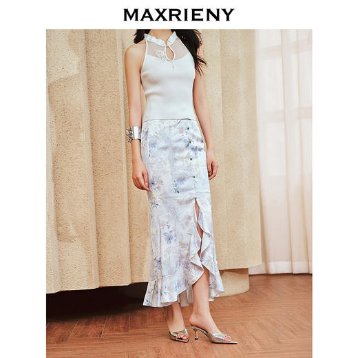 MAXRIENY新中式优雅抽褶荷边鱼尾半裙2024夏季新款缎面印花裙子(货号:MS85SK256) 商品图1