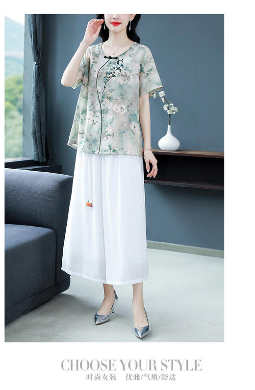 KQL-90119新款夏装棉麻短袖t恤女轻薄款舒适印花宽松显瘦上衣 商品图5